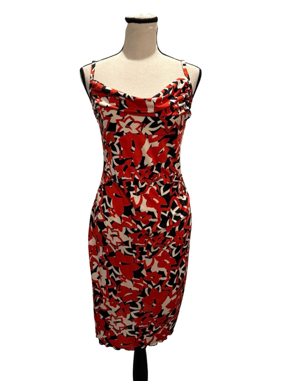 Diane Von Furstenberg 100% Silk Floral Cowl Neck Slip Dress Size 6 Red Black